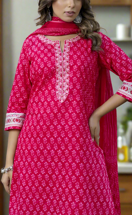 Pink Floral Jaipur Cotton Kurti With Pant And Dupatta Set. Pure Versatile Cotton. | Laces and Frills