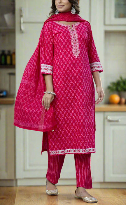 Pink Floral Jaipur Cotton Kurti With Pant And Dupatta Set. Pure Versatile Cotton. | Laces and Frills