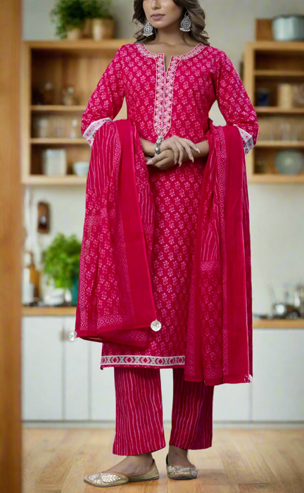 Pink Floral Jaipur Cotton Kurti With Pant And Dupatta Set. Pure Versatile Cotton. | Laces and Frills