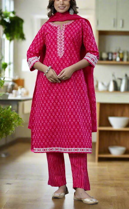 Pink Floral Jaipur Cotton Kurti With Pant And Dupatta Set. Pure Versatile Cotton. | Laces and Frills