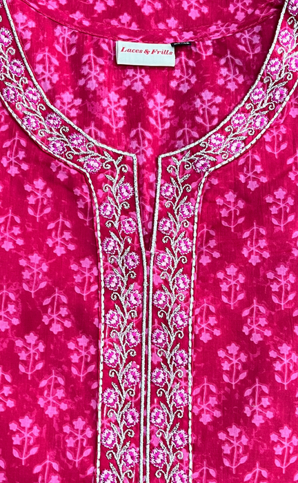 Pink Floral Jaipur Cotton Kurti With Pant And Dupatta Set. Pure Versatile Cotton. | Laces and Frills