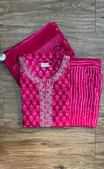 Pink Floral Jaipur Cotton Kurti With Pant And Dupatta Set. Pure Versatile Cotton. | Laces and Frills