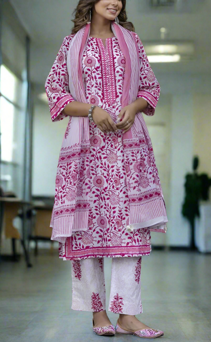 Pink Garden Jaipur Cotton Kurti With Pant And Dupatta Set. Pure Versatile Cotton. | Laces and Frills