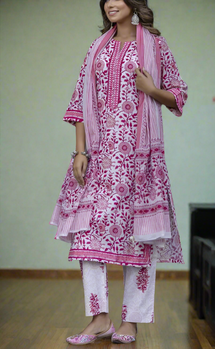 Pink Garden Jaipur Cotton Kurti With Pant And Dupatta Set. Pure Versatile Cotton. | Laces and Frills