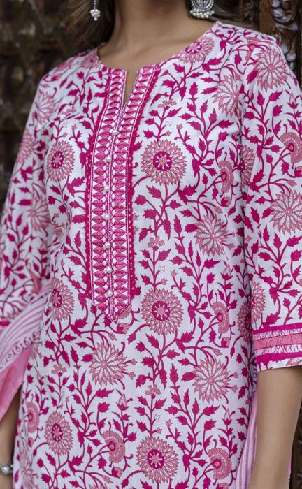 Pink Garden Jaipur Cotton Kurti With Pant And Dupatta Set. Pure Versatile Cotton. | Laces and Frills