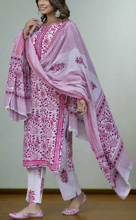 Pink Garden Jaipur Cotton Kurti With Pant And Dupatta Set. Pure Versatile Cotton. | Laces and Frills