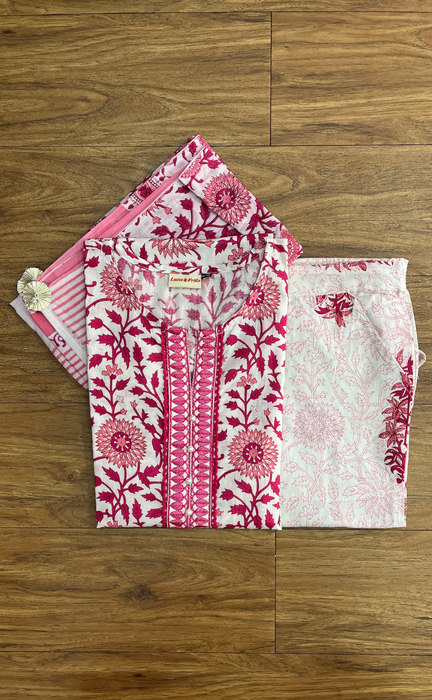 Pink Garden Jaipur Cotton Kurti With Pant And Dupatta Set. Pure Versatile Cotton. | Laces and Frills