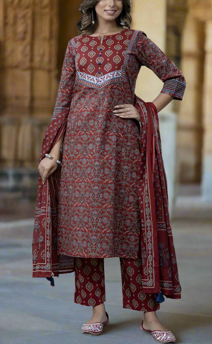 Maroon Motif Jaipur Cotton Kurti With Pant And Dupatta Set. Pure Versatile Cotton. | Laces and Frills