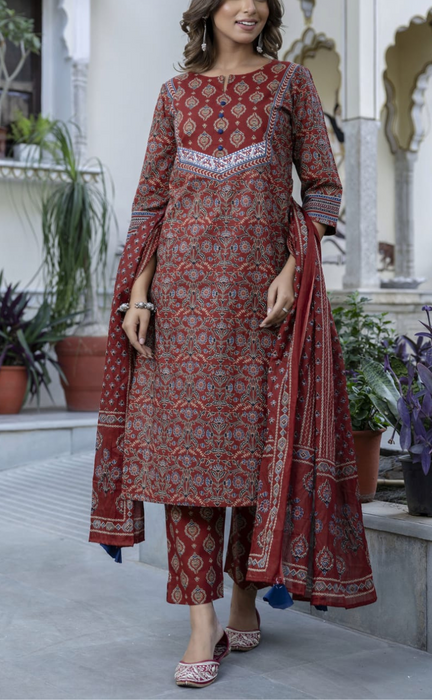 Maroon Motif Jaipur Cotton Kurti With Pant And Dupatta Set. Pure Versatile Cotton. | Laces and Frills