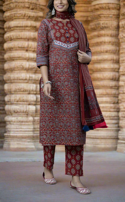 Maroon Motif Jaipur Cotton Kurti With Pant And Dupatta Set. Pure Versatile Cotton. | Laces and Frills