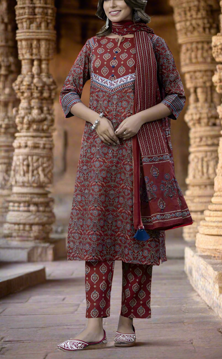 Maroon Motif Jaipur Cotton Kurti With Pant And Dupatta Set. Pure Versatile Cotton. | Laces and Frills