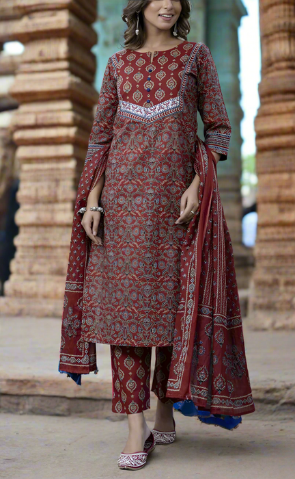 Maroon Motif Jaipur Cotton Kurti With Pant And Dupatta Set. Pure Versatile Cotton. | Laces and Frills