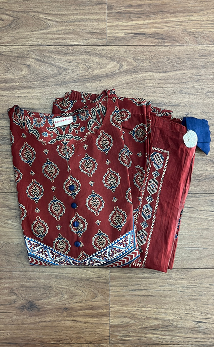 Maroon Motif Jaipur Cotton Kurti With Pant And Dupatta Set. Pure Versatile Cotton. | Laces and Frills