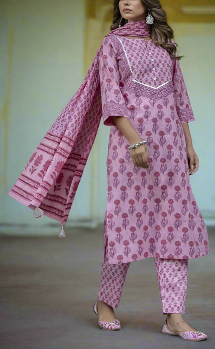 Onion Pink Floral Jaipur Cotton Kurti With Pant And Dupatta Set. Pure Versatile Cotton. | Laces and Frills