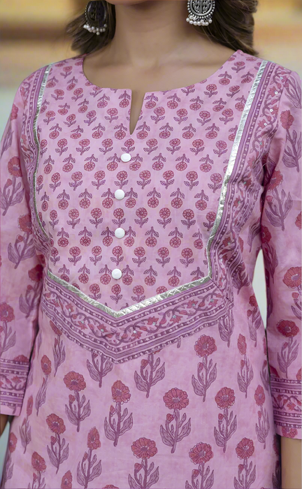 Onion Pink Floral Jaipur Cotton Kurti With Pant And Dupatta Set. Pure Versatile Cotton. | Laces and Frills