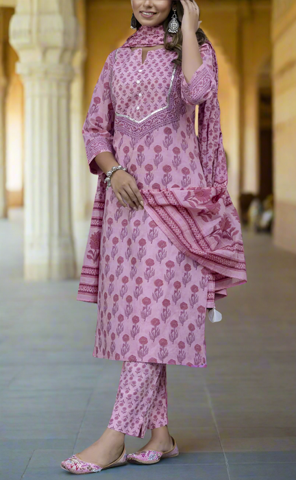 Onion Pink Floral Jaipur Cotton Kurti With Pant And Dupatta Set. Pure Versatile Cotton. | Laces and Frills