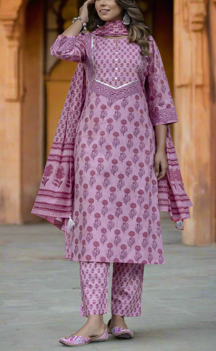 Onion Pink Floral Jaipur Cotton Kurti With Pant And Dupatta Set. Pure Versatile Cotton. | Laces and Frills