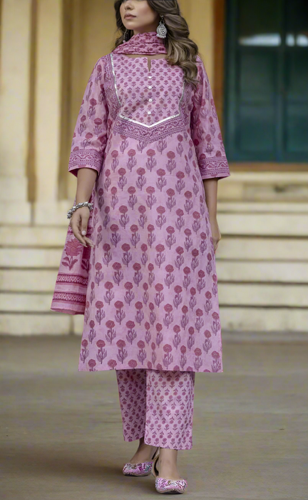 Onion Pink Floral Jaipur Cotton Kurti With Pant And Dupatta Set. Pure Versatile Cotton. | Laces and Frills