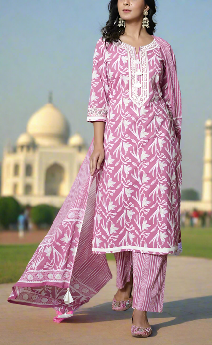 Pink Floral Jaipur Cotton Kurti With Pant And Dupatta Set. Pure Versatile Cotton. | Laces and Frills