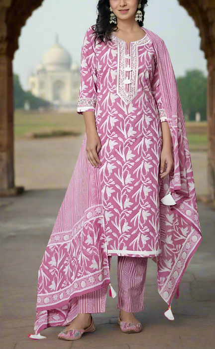 Pink Floral Jaipur Cotton Kurti With Pant And Dupatta Set. Pure Versatile Cotton. | Laces and Frills