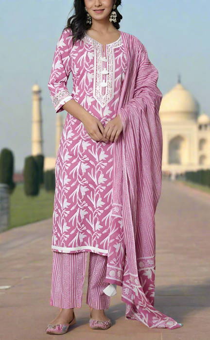 Pink Floral Jaipur Cotton Kurti With Pant And Dupatta Set. Pure Versatile Cotton. | Laces and Frills