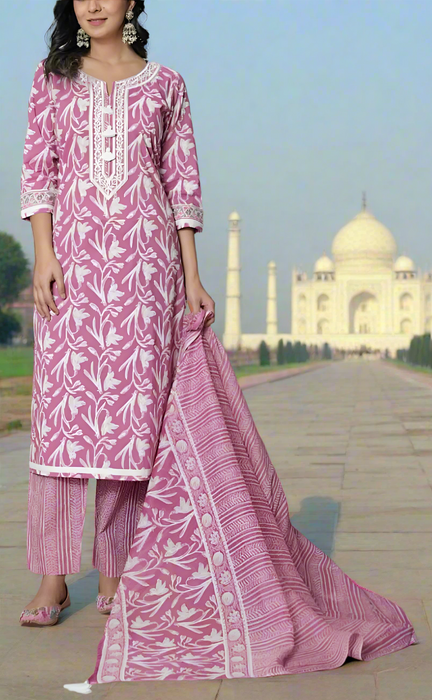 Pink Floral Jaipur Cotton Kurti With Pant And Dupatta Set. Pure Versatile Cotton. | Laces and Frills