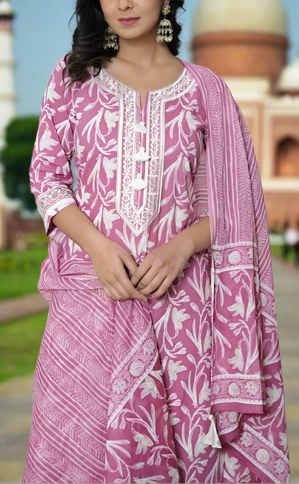 Pink Floral Jaipur Cotton Kurti With Pant And Dupatta Set. Pure Versatile Cotton. | Laces and Frills