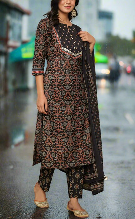 Black Garden Jaipur Cotton Kurti With Pant And Dupatta Set. Pure Versatile Cotton. | Laces and Frills