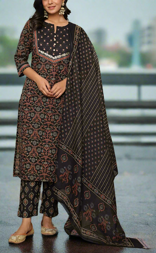 Black Garden Jaipur Cotton Kurti With Pant And Dupatta Set. Pure Versatile Cotton. | Laces and Frills