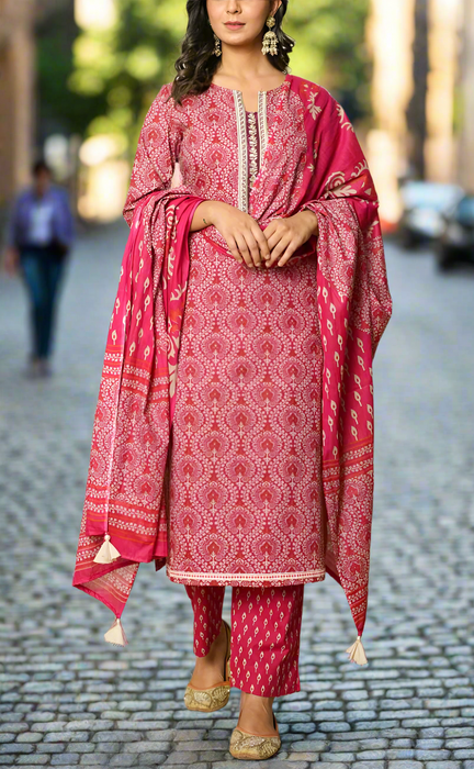 Pink Garden Jaipur Cotton Kurti With Pant And Dupatta Set. Pure Versatile Cotton. | Laces and Frills