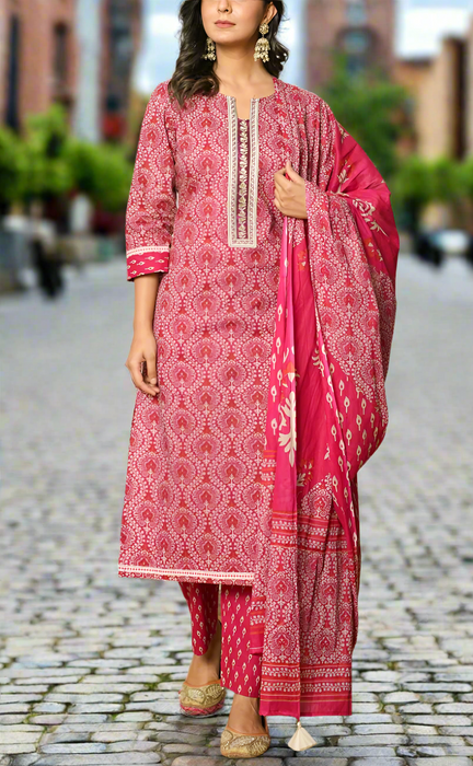 Pink Garden Jaipur Cotton Kurti With Pant And Dupatta Set. Pure Versatile Cotton. | Laces and Frills