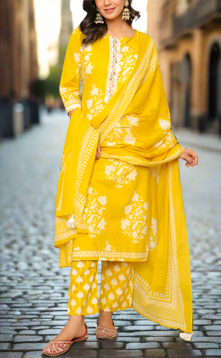 Yellow Garden Jaipur Cotton Kurti With Pant And Dupatta Set. Pure Versatile Cotton. | Laces and Frills