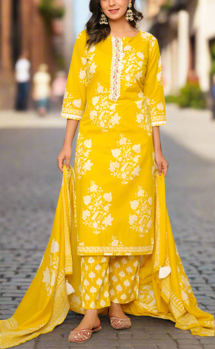 Yellow Garden Jaipur Cotton Kurti With Pant And Dupatta Set. Pure Versatile Cotton. | Laces and Frills