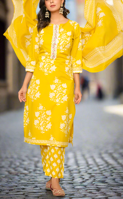 Yellow Garden Jaipur Cotton Kurti With Pant And Dupatta Set. Pure Versatile Cotton. | Laces and Frills