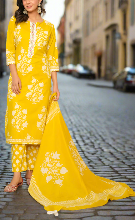 Yellow Garden Jaipur Cotton Kurti With Pant And Dupatta Set. Pure Versatile Cotton. | Laces and Frills