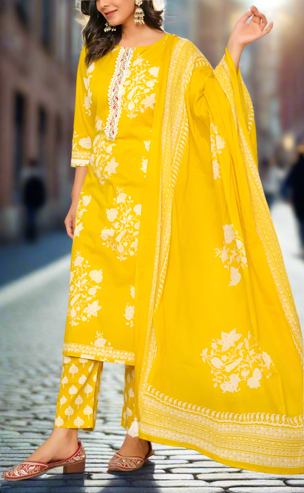 Yellow Garden Jaipur Cotton Kurti With Pant And Dupatta Set. Pure Versatile Cotton. | Laces and Frills