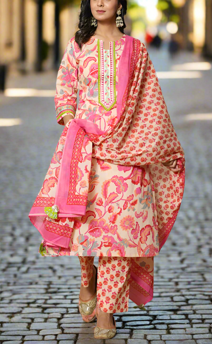 Ivory/Pink Garden Jaipur Cotton Kurti With Pant And Dupatta Set. Pure Versatile Cotton. | Laces and Frills