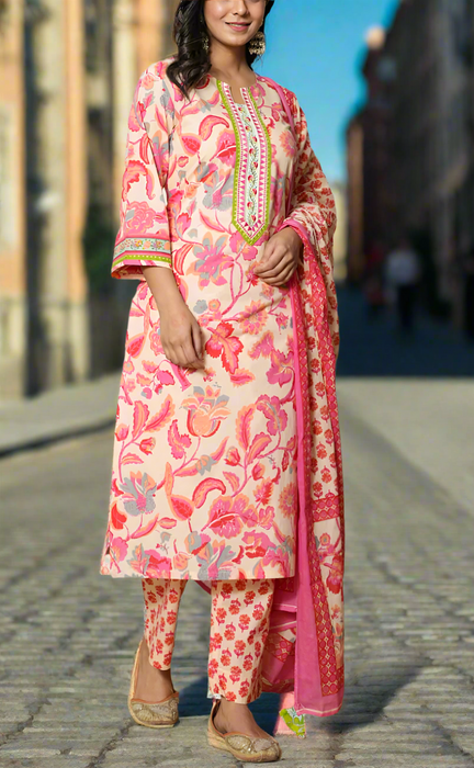 Ivory/Pink Garden Jaipur Cotton Kurti With Pant And Dupatta Set. Pure Versatile Cotton. | Laces and Frills