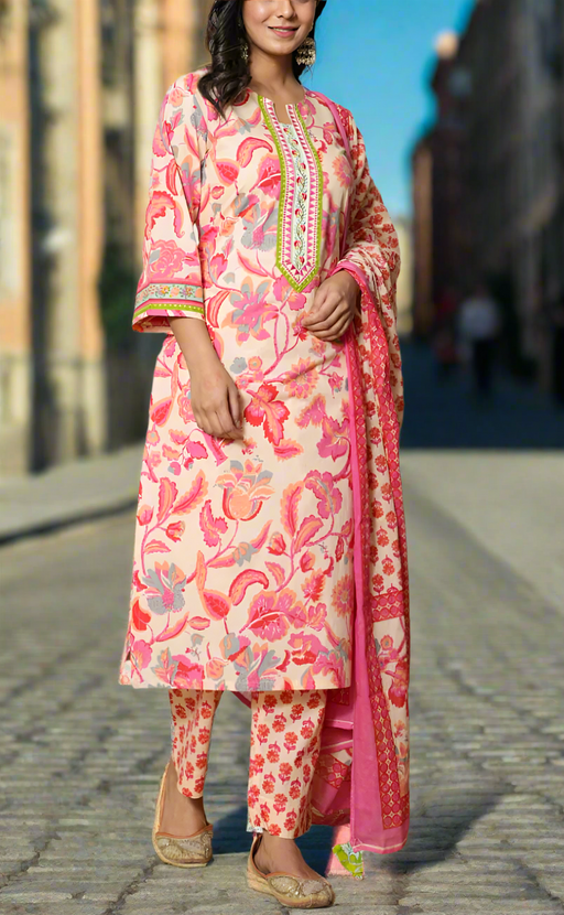 Ivory/Pink Garden Jaipur Cotton Kurti With Pant And Dupatta Set. Pure Versatile Cotton. | Laces and Frills