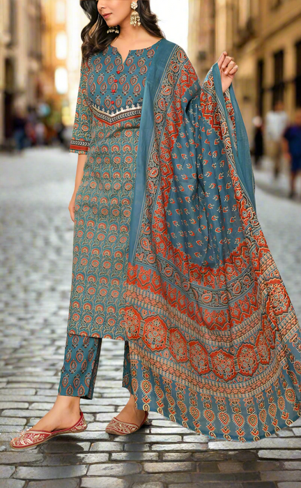 Indigo Blue Garden Jaipur Cotton Kurti With Pant And Dupatta Set. Pure Versatile Cotton. | Laces and Frills