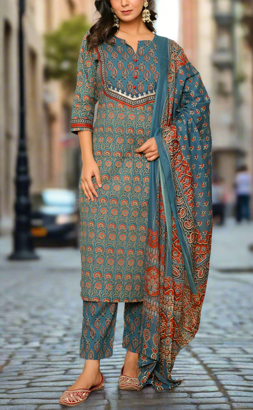 Indigo Blue Garden Jaipur Cotton Kurti With Pant And Dupatta Set. Pure Versatile Cotton. | Laces and Frills