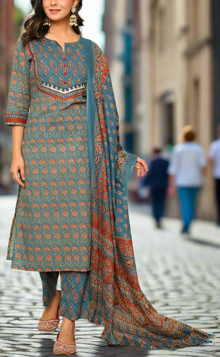 Indigo Blue Garden Jaipur Cotton Kurti With Pant And Dupatta Set. Pure Versatile Cotton. | Laces and Frills