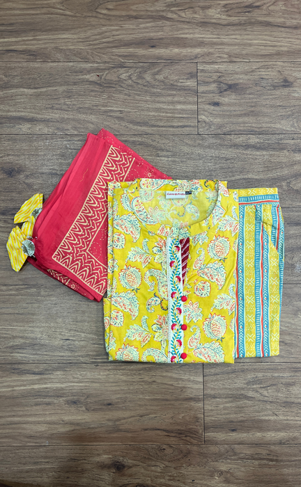 Yellow Garden Jaipur Cotton Kurti With Pant And Dupatta Set. Pure Versatile Cotton. | Laces and Frills