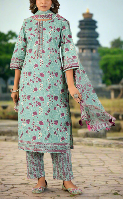 Sea Green Floral Jaipur Cotton Kurti With Pant And Dupatta Set. Pure Versatile Cotton. | Laces and Frills