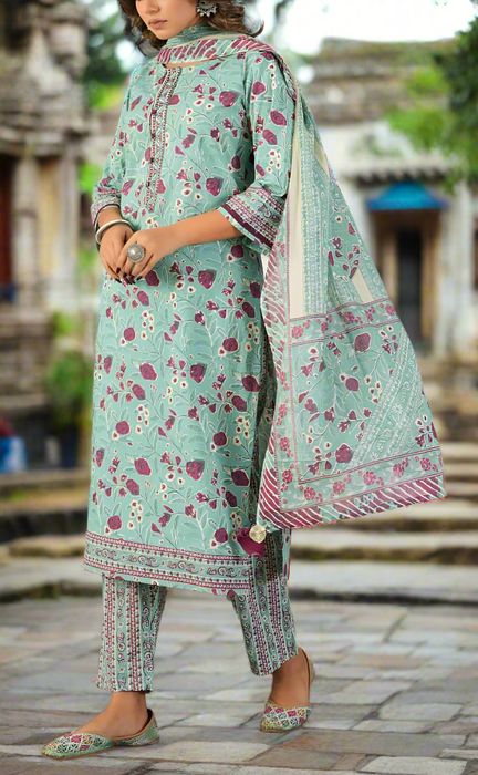 Sea Green Floral Jaipur Cotton Kurti With Pant And Dupatta Set. Pure Versatile Cotton. | Laces and Frills