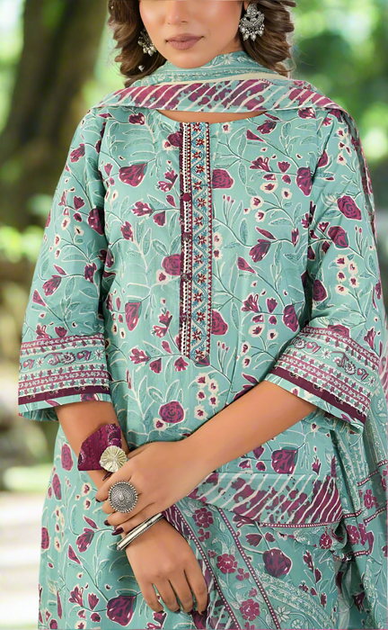 Sea Green Floral Jaipur Cotton Kurti With Pant And Dupatta Set. Pure Versatile Cotton. | Laces and Frills