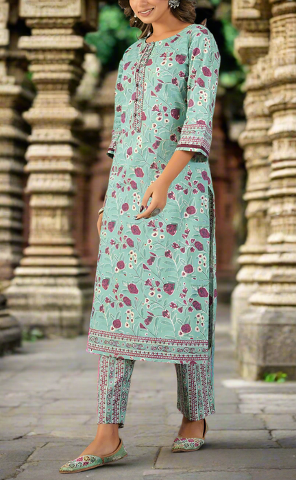 Sea Green Floral Jaipur Cotton Kurti With Pant And Dupatta Set. Pure Versatile Cotton. | Laces and Frills