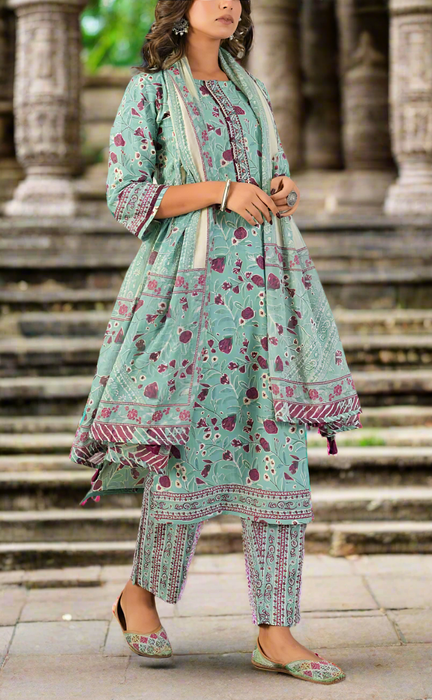 Sea Green Floral Jaipur Cotton Kurti With Pant And Dupatta Set. Pure Versatile Cotton. | Laces and Frills