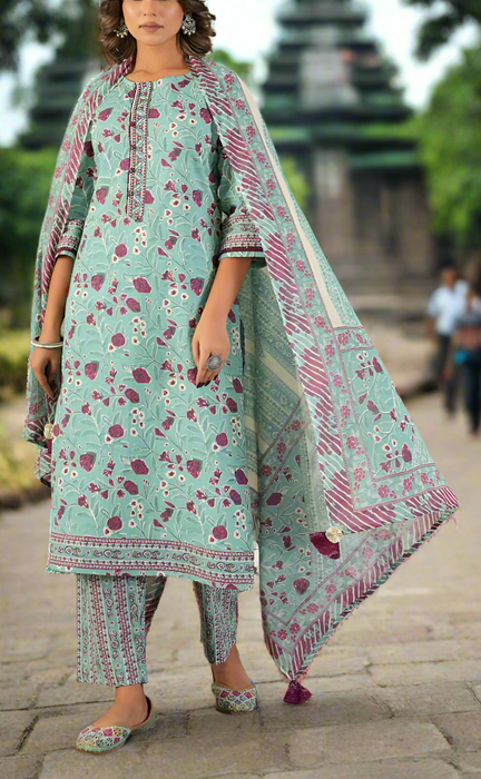 Sea Green Floral Jaipur Cotton Kurti With Pant And Dupatta Set. Pure Versatile Cotton. | Laces and Frills