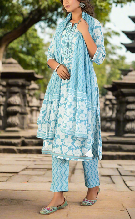 Sky Blue Flora Jaipur Cotton Kurti With Pant And Dupatta Set. Pure Versatile Cotton. | Laces and Frills